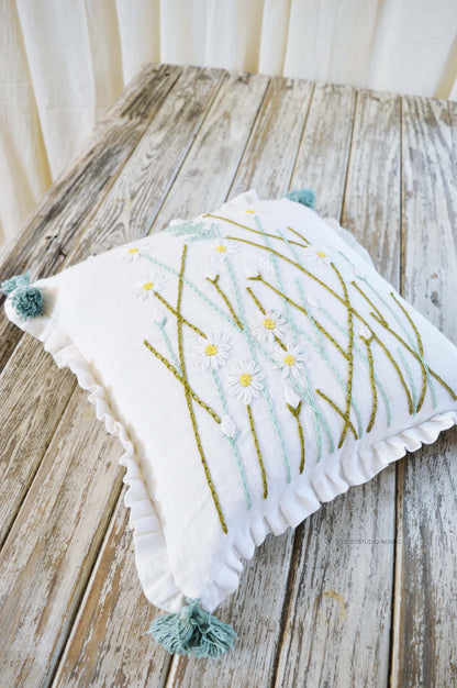 Hand Embroidered Linen Cushion Cover- Flowering Meadow Series- Daisy #3