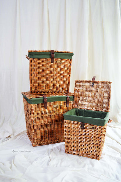 Natural Wicker Rectangular Laundry Basket- Forest Green