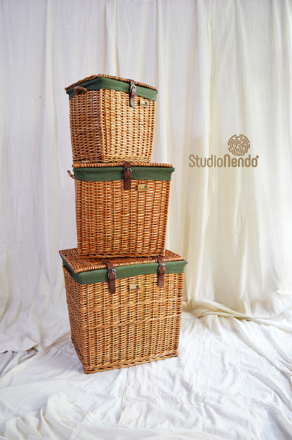 Natural Wicker Rectangular Laundry Basket- Forest Green
