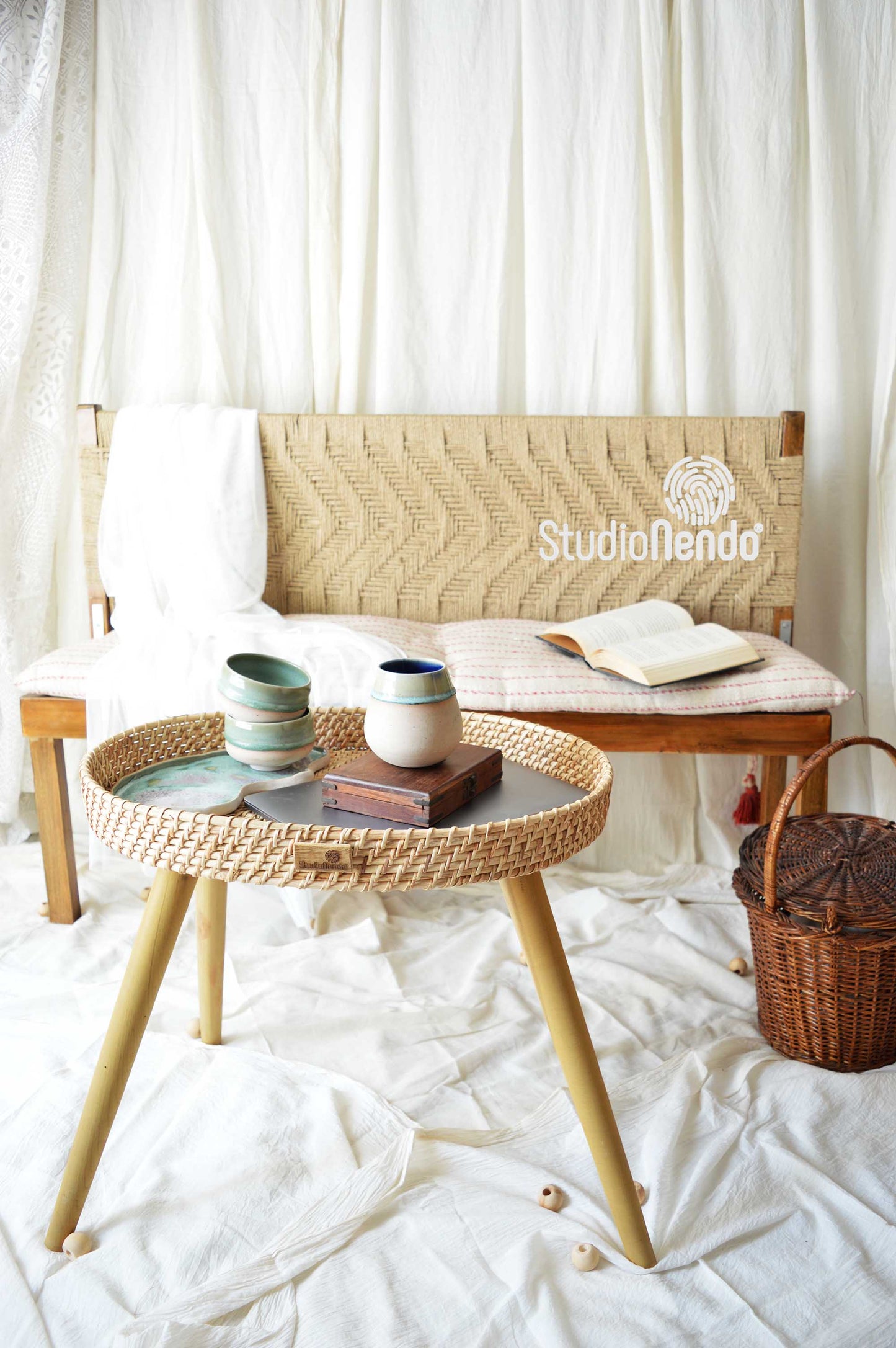 Cane Standing Basket- Tray Table/End table