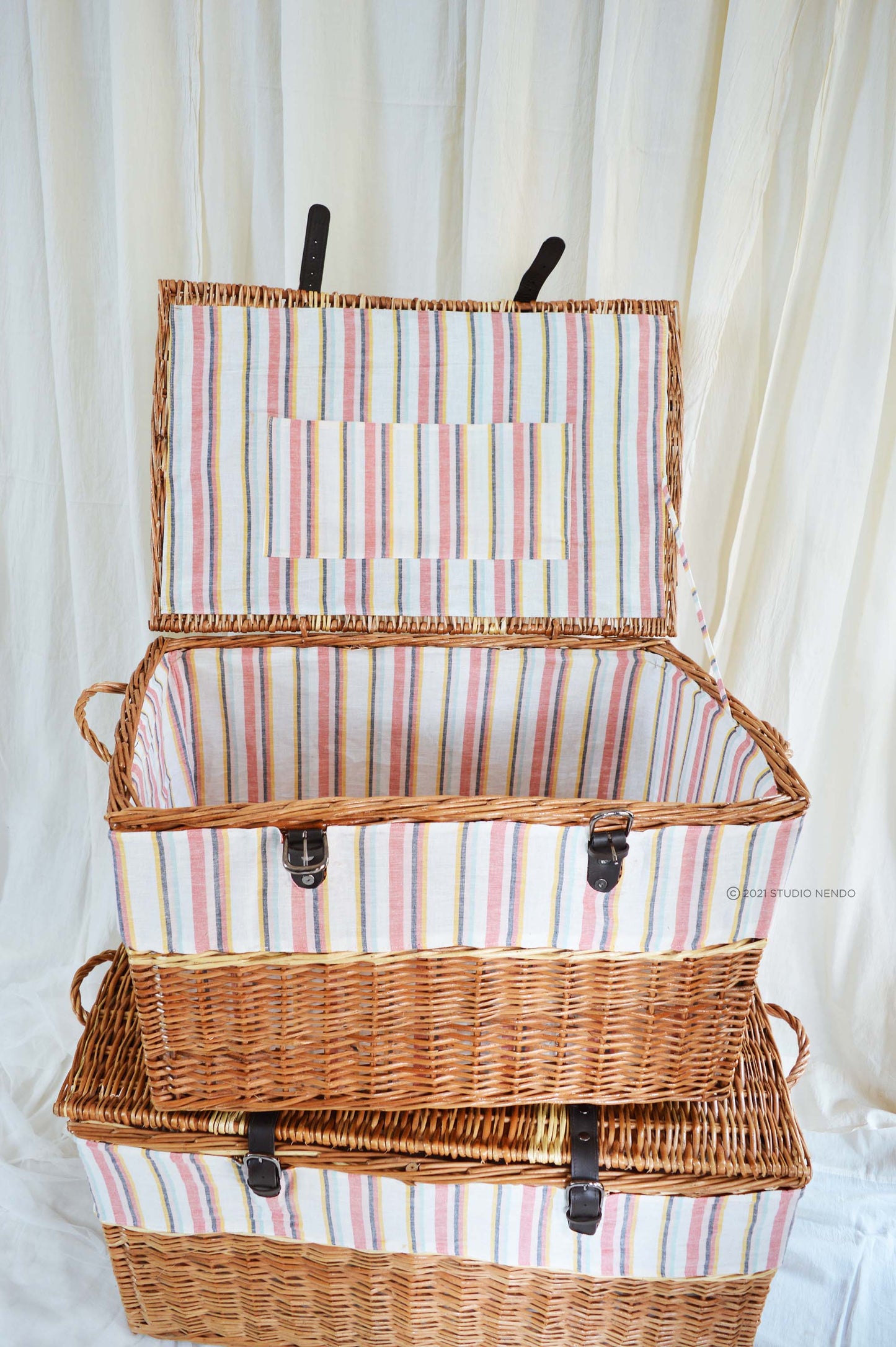 Natural Wicker Storage Trunk- Striped Pastel Linen