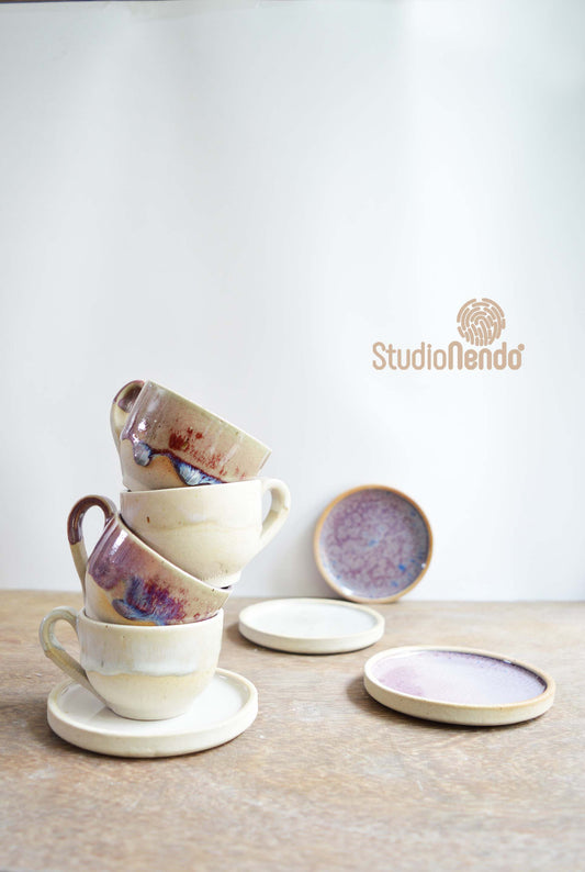 Teacup & Saucer- Set of 4- Mottled Pink and White