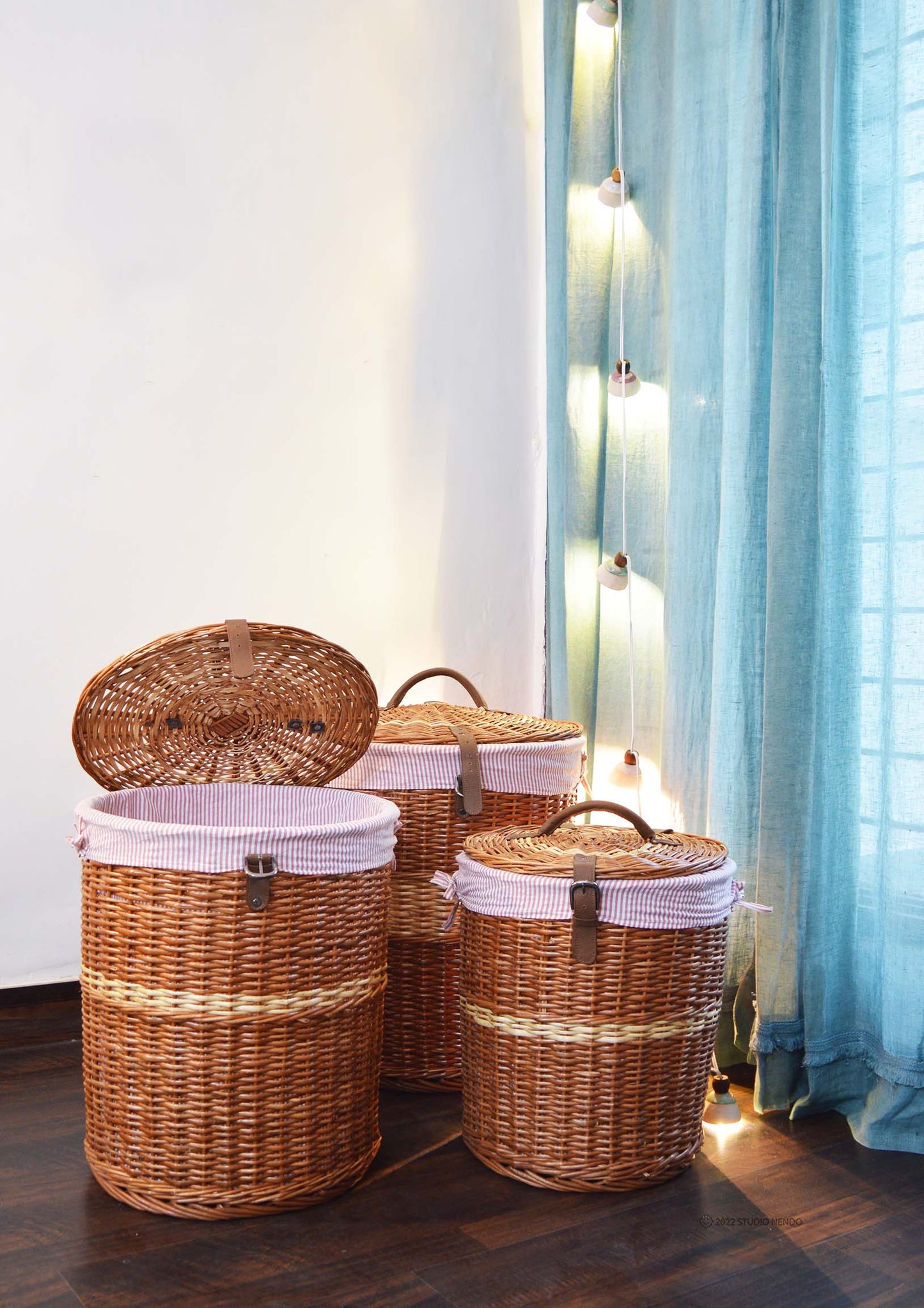 Natural Wicker Laundry Basket- Red Stripe