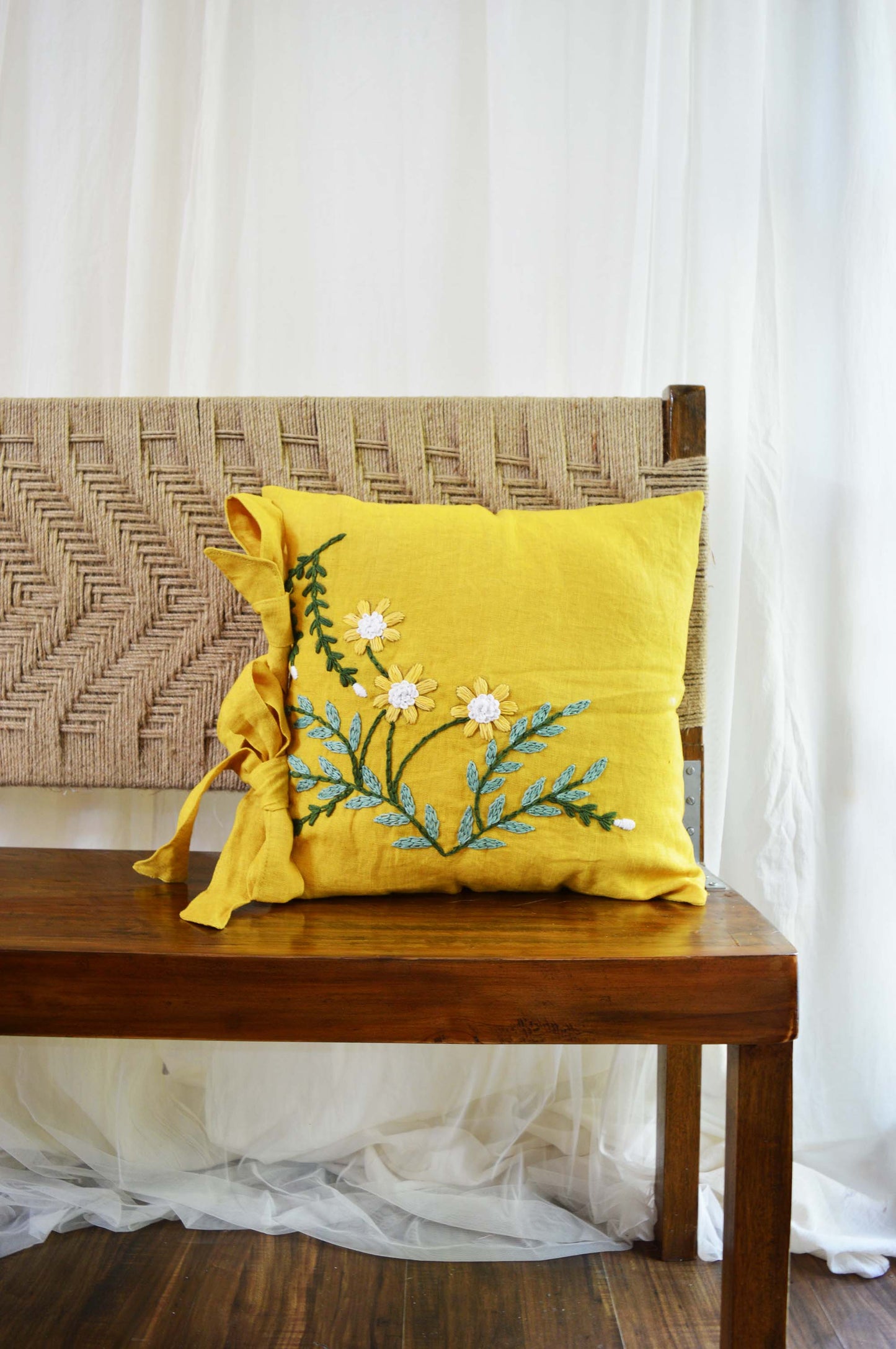 Hand Embroidered Linen Cushion Cover- Flowering Meadow- Honey Yellow-#2