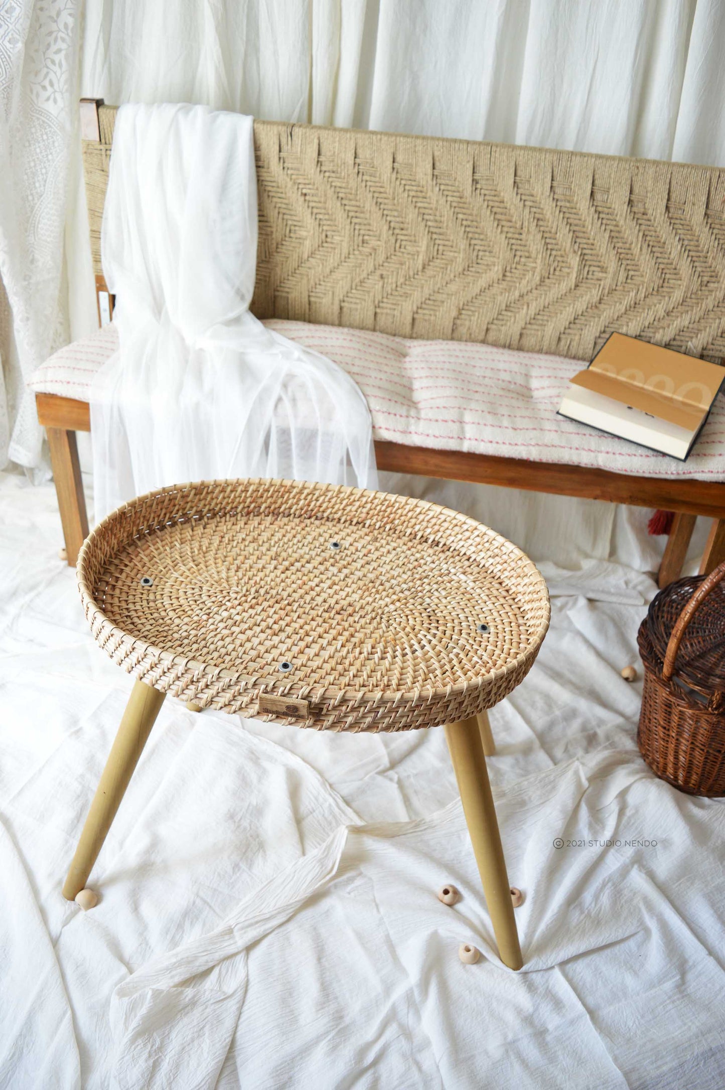 Cane Standing Basket- Tray Table/End table