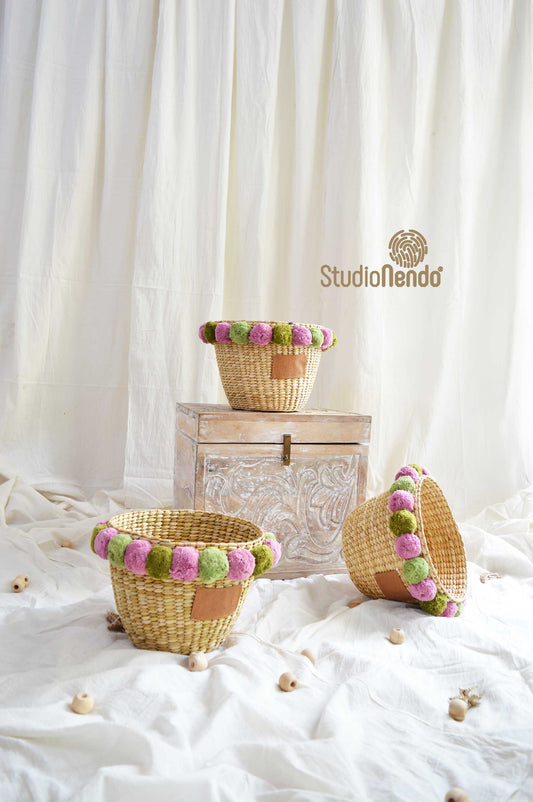 Seagrass PomPom Utility Basket- Medium